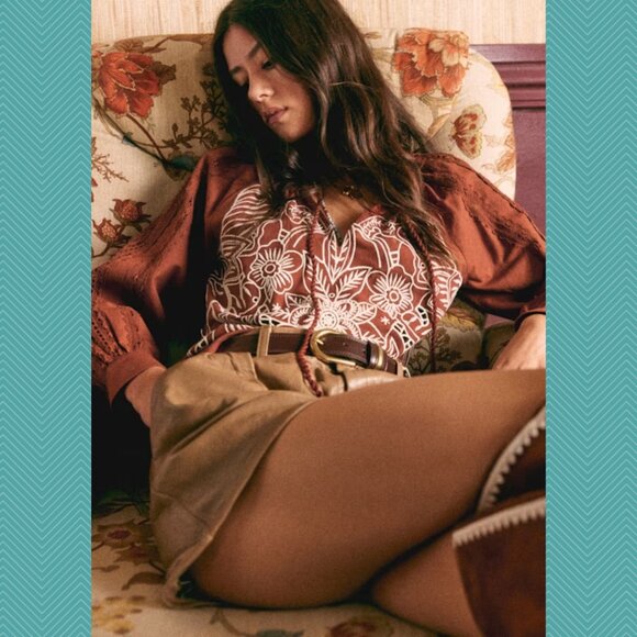 Sezane Burnt Orange Floral Embroidered Moana Peasant Blouse - Picture 1 of 8